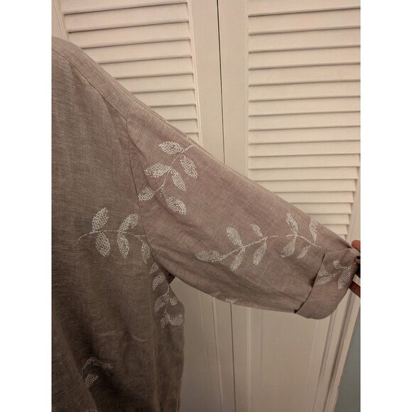 Susan Graver Shirt Women's 3X Beige White Floral Linen Blend Top Blouse Coastal - Picture 5 of 11